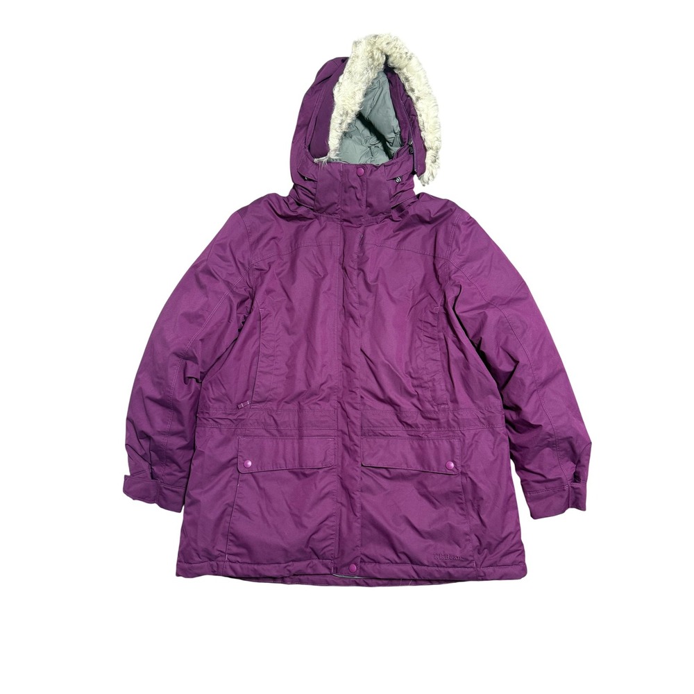 LL Bean Parka Womens Extra Large Purple Down Faux Fur Hood Insulated Winter